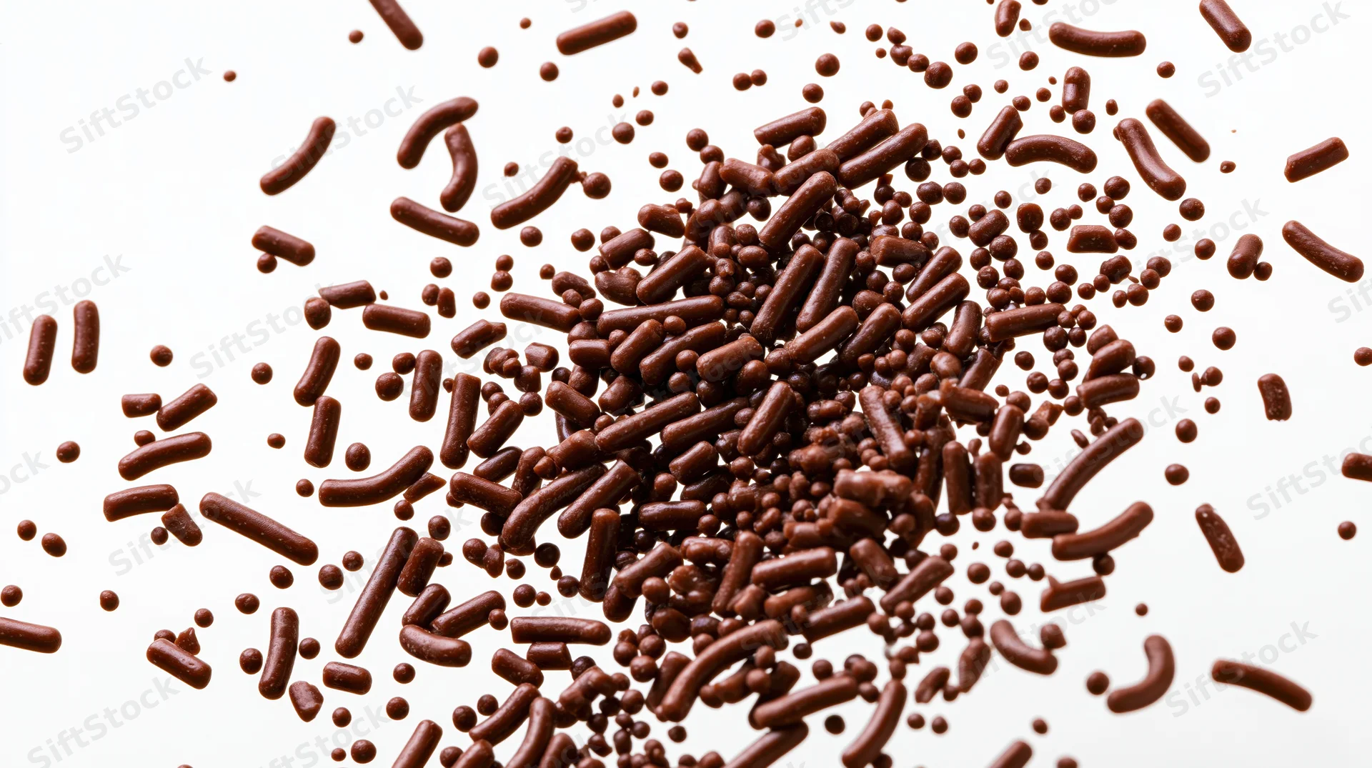 Chocolate sprinkles scattered on white surface