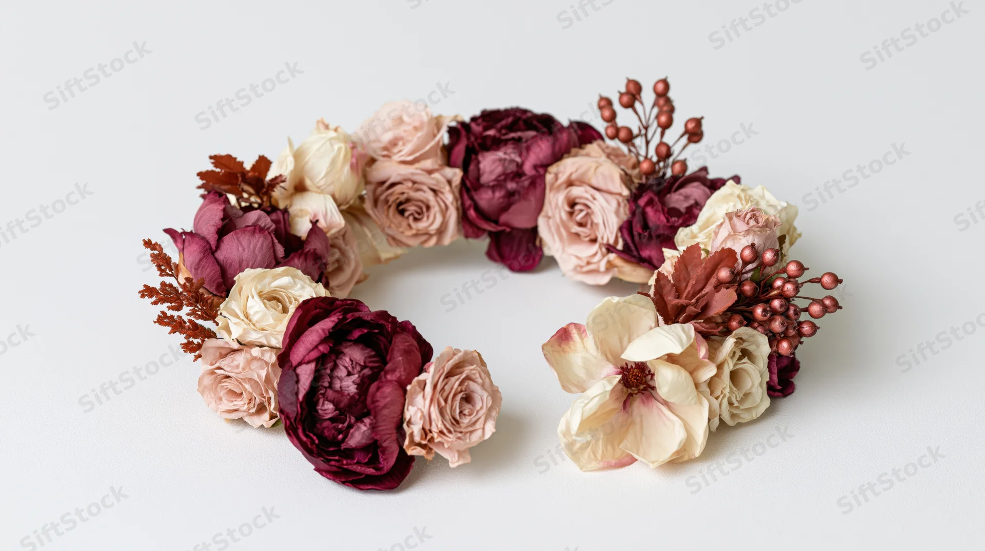 Dried and silk floral crown arranged in a curved arc on a white surface