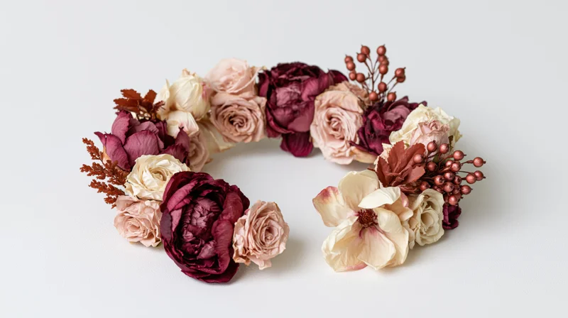 Dried and silk floral crown arranged in a curved arc on a white surface