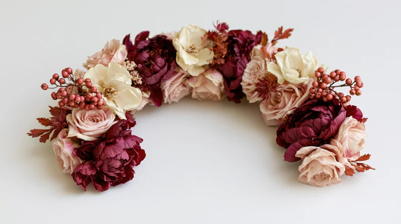 Curved floral crown headpiece made of silk and dried flowers in pink, burgundy and cream tones arranged on white background