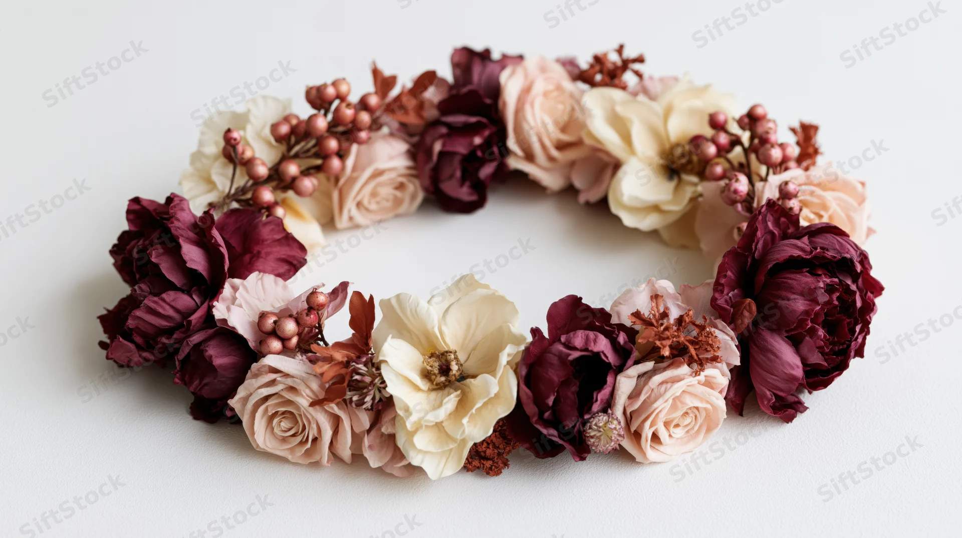 Dried and silk floral crown arranged in a curved arc on a white surface
