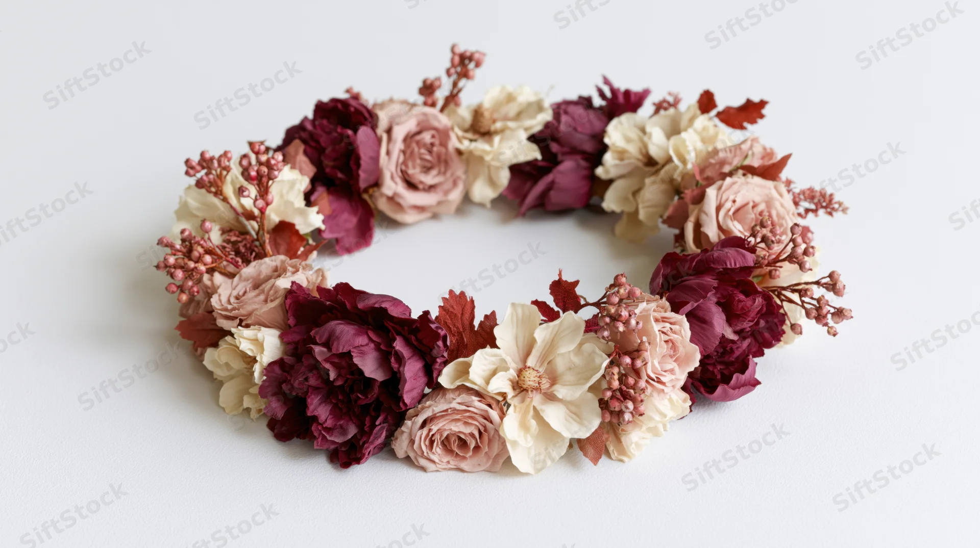 Dried and silk floral crown arranged in a curved arc on a white surface