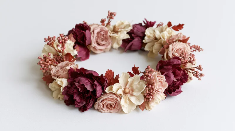 Dried and silk floral crown arranged in a curved arc on a white surface
