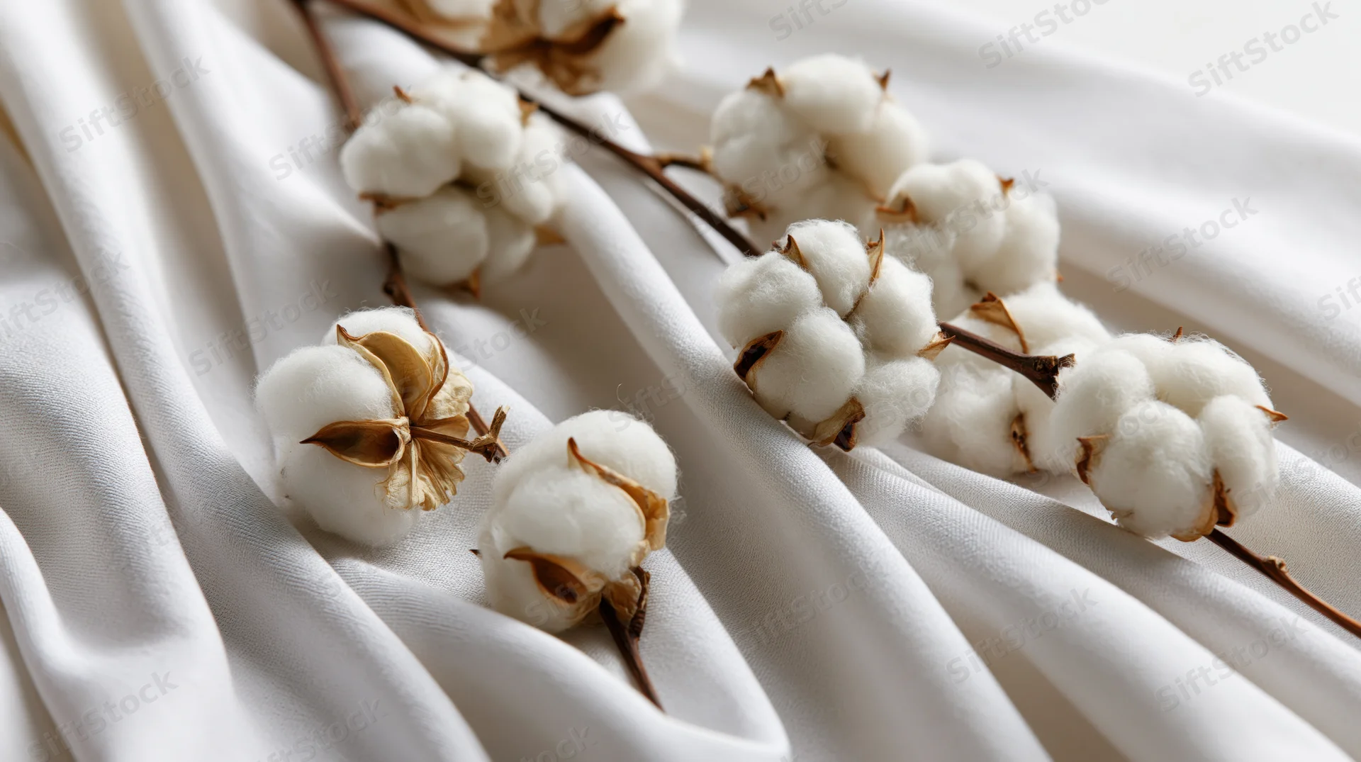 Dried cotton plant branches with fluffy white bolls resting on white fabric surface