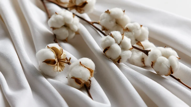 Dried cotton plant branches with fluffy white bolls resting on white fabric surface