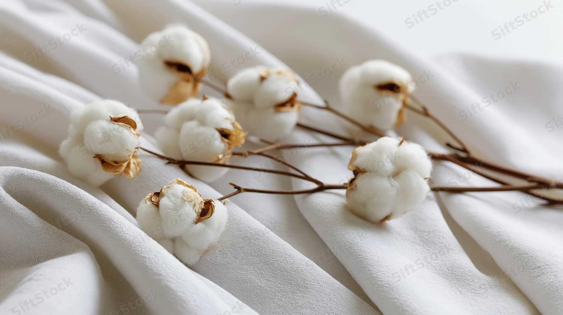 Dried cotton plant branches with fluffy white bolls resting on soft white fabric