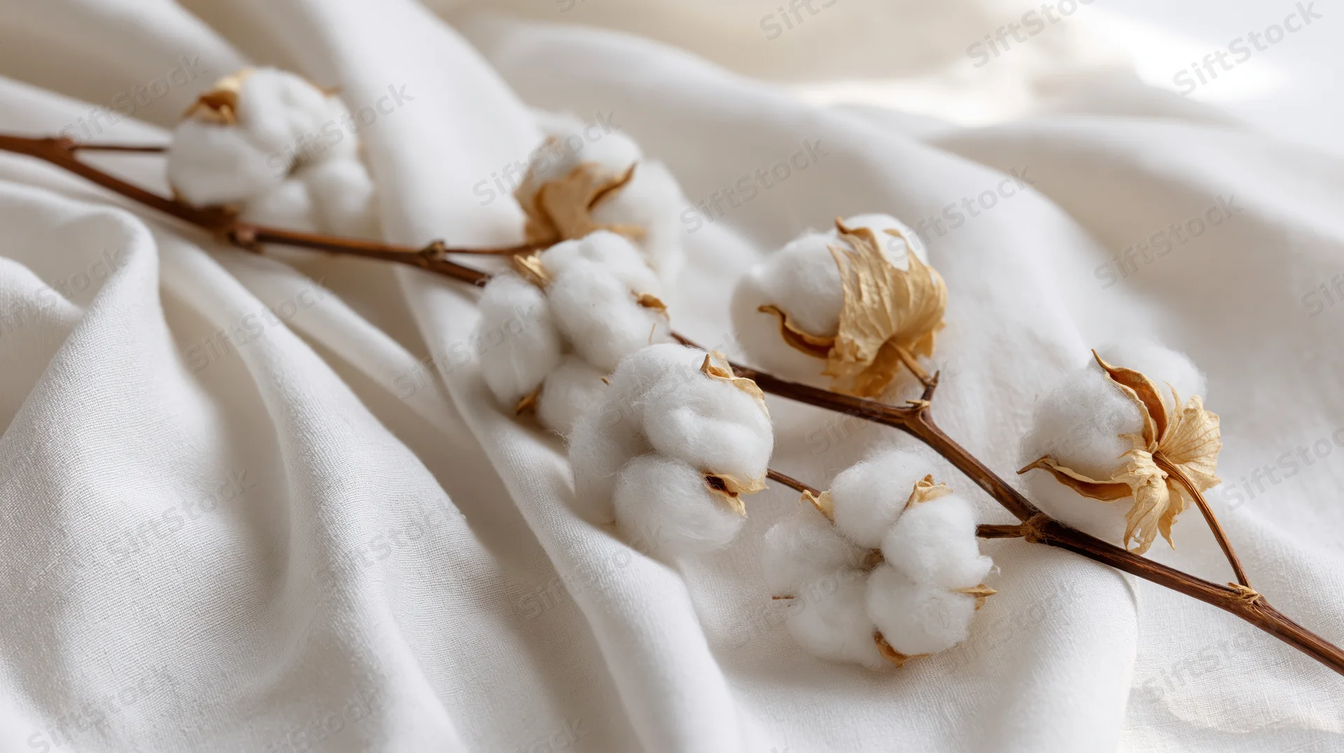 Dried cotton plant branches with fluffy white bolls resting on white fabric