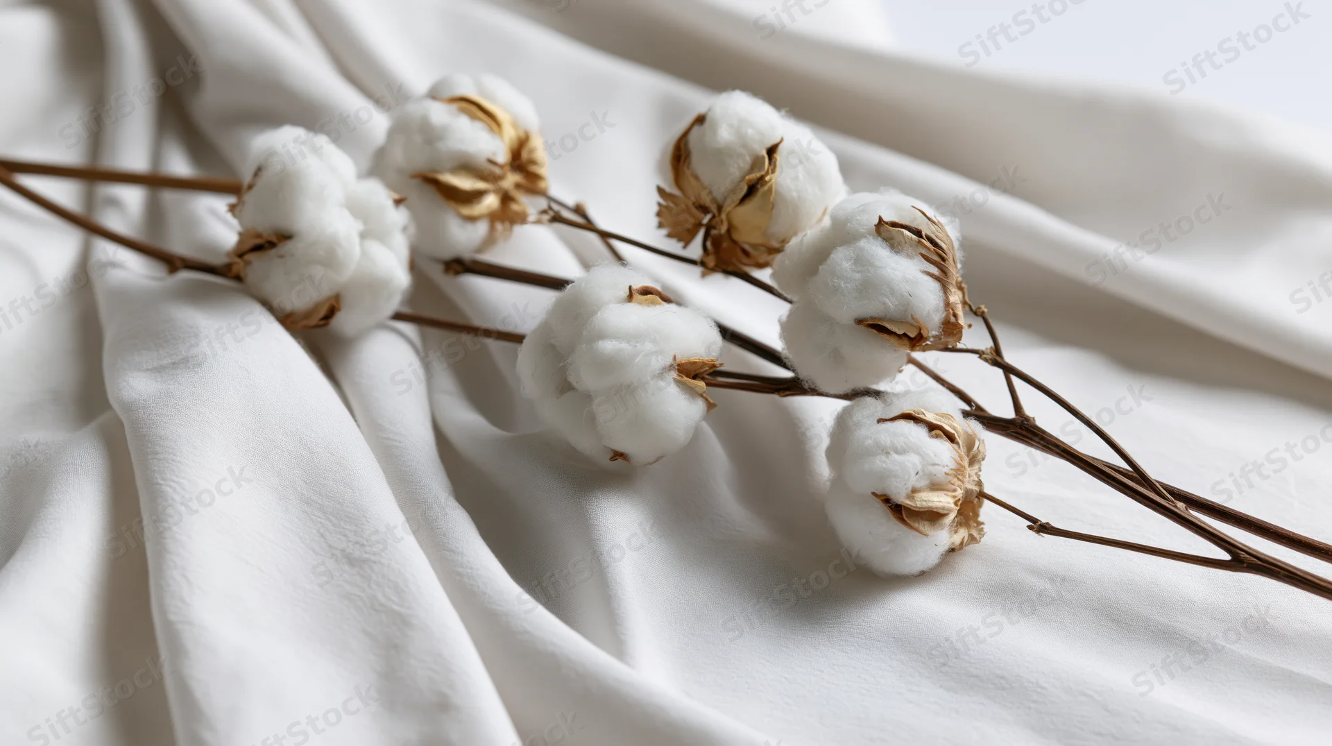 Dried cotton plant branches with fluffy white bolls resting on white fabric