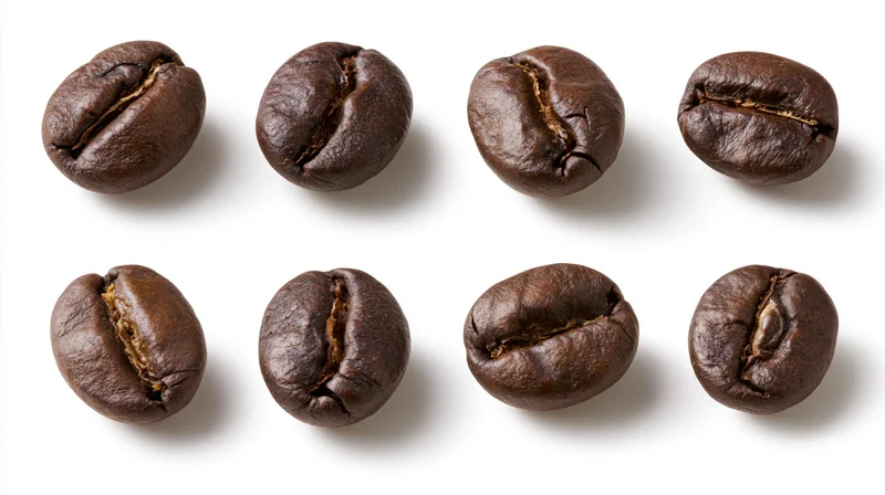 Eight roasted coffee beans arranged in two rows on white background