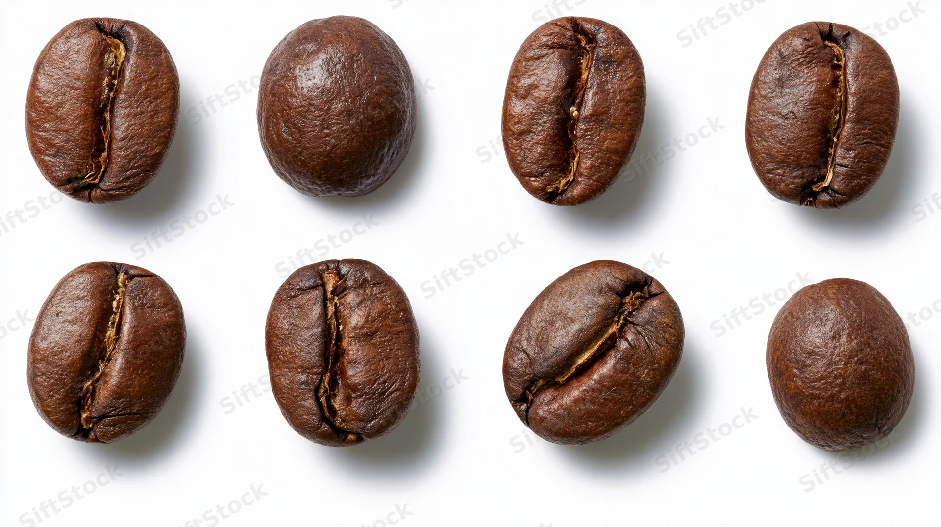 Eight roasted coffee beans arranged in two rows on a white background