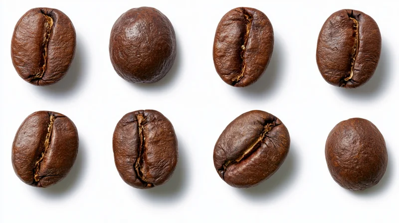 Eight roasted coffee beans arranged in two rows on a white background