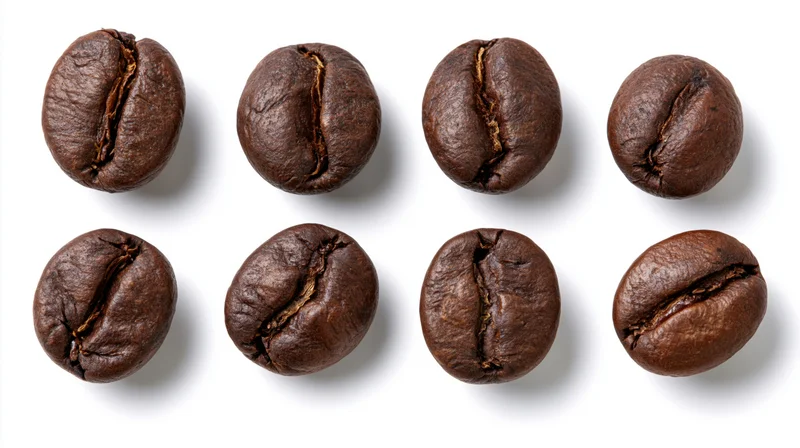 Eight roasted coffee beans arranged in two rows on white background