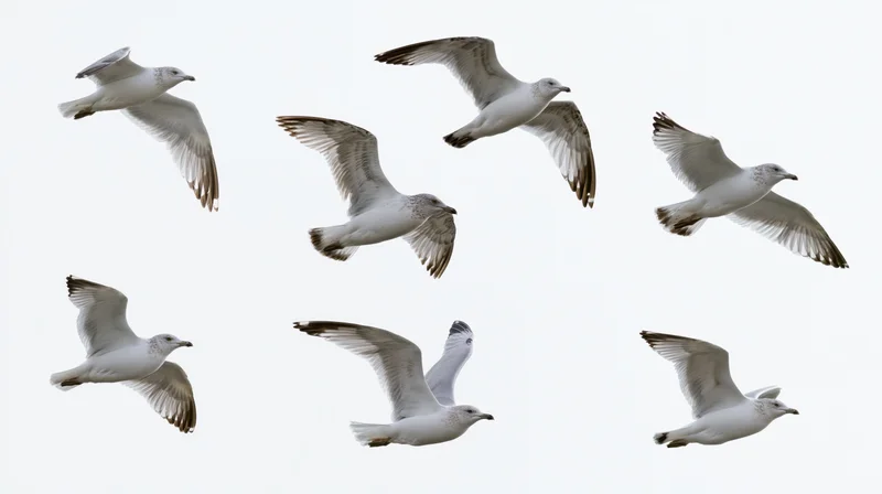 Eight seagulls in mid-flight with wings in various positions against a white background