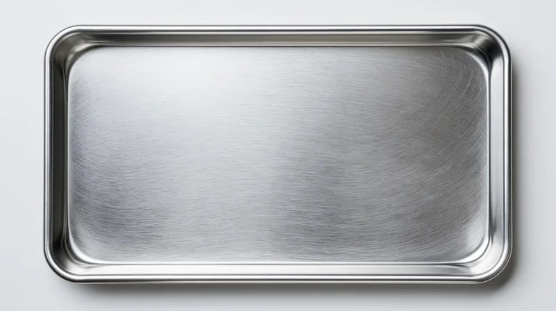 Empty aluminum baking tray viewed from directly above on white background