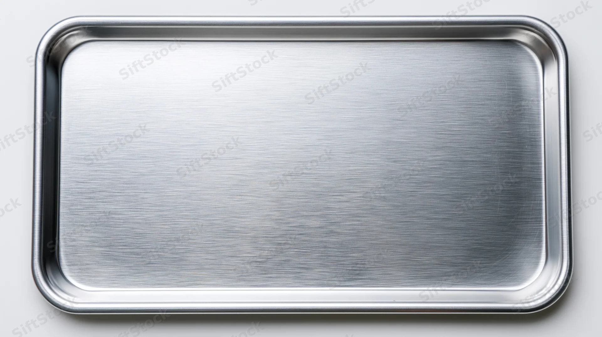 Overhead view of an empty aluminum baking tray on a white surface