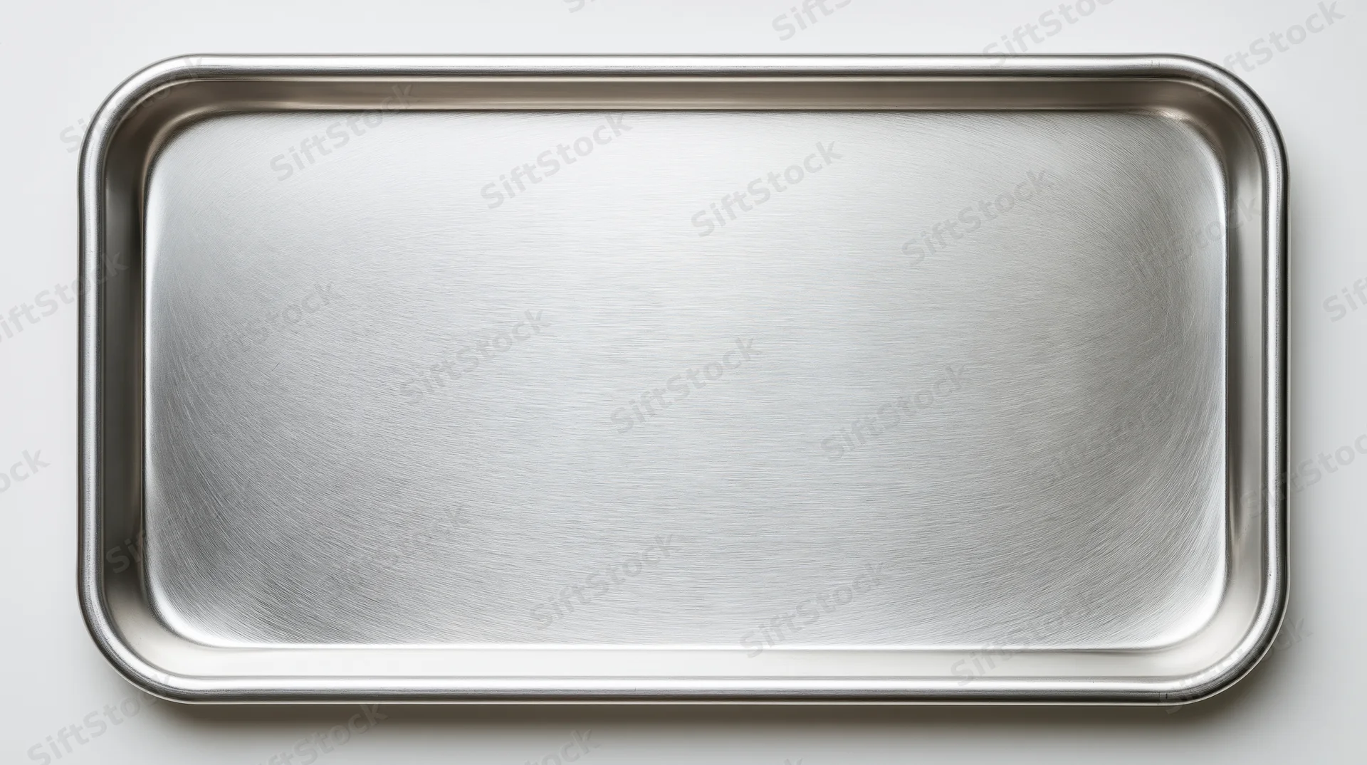 Overhead view of an empty aluminum baking sheet on a white surface