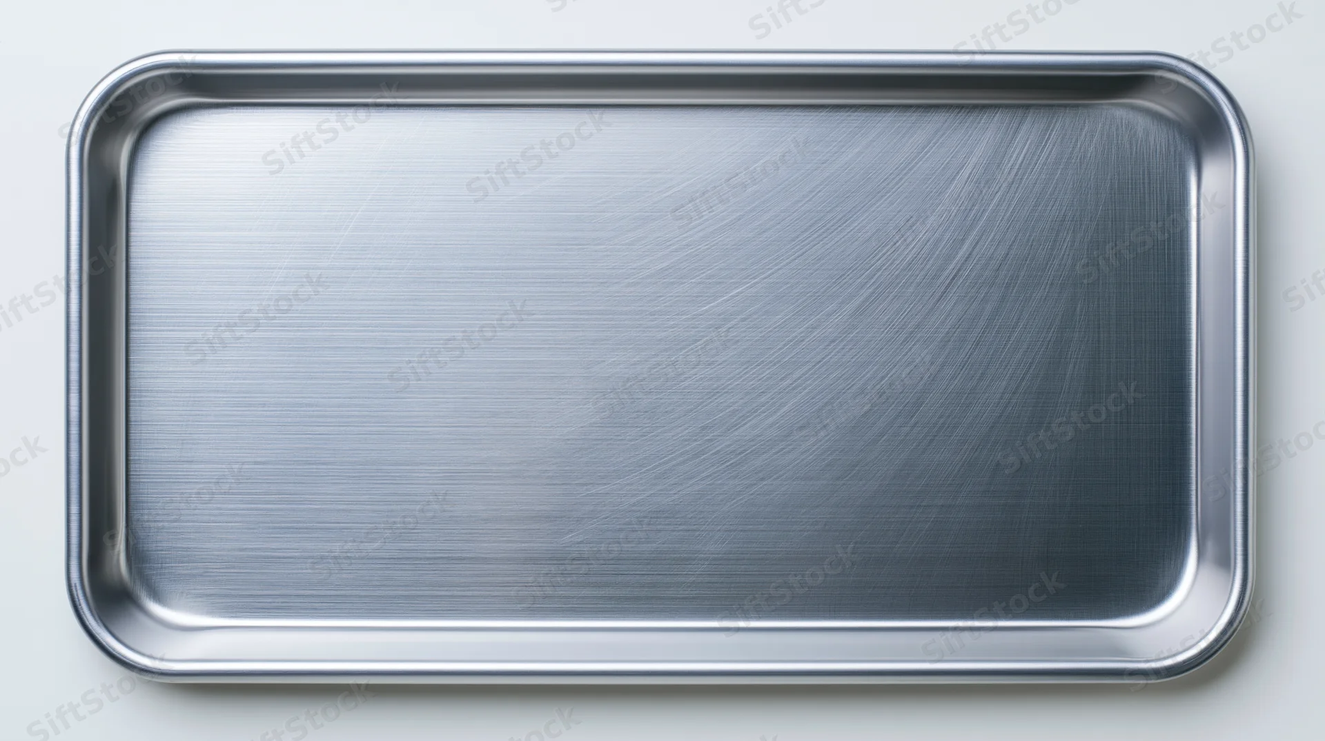 Empty aluminum baking sheet viewed from directly above on white background