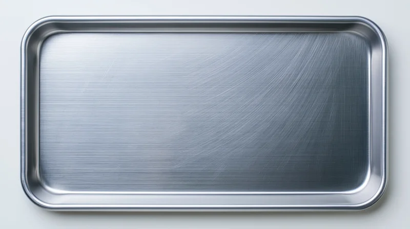 Empty aluminum baking sheet viewed from directly above on white background