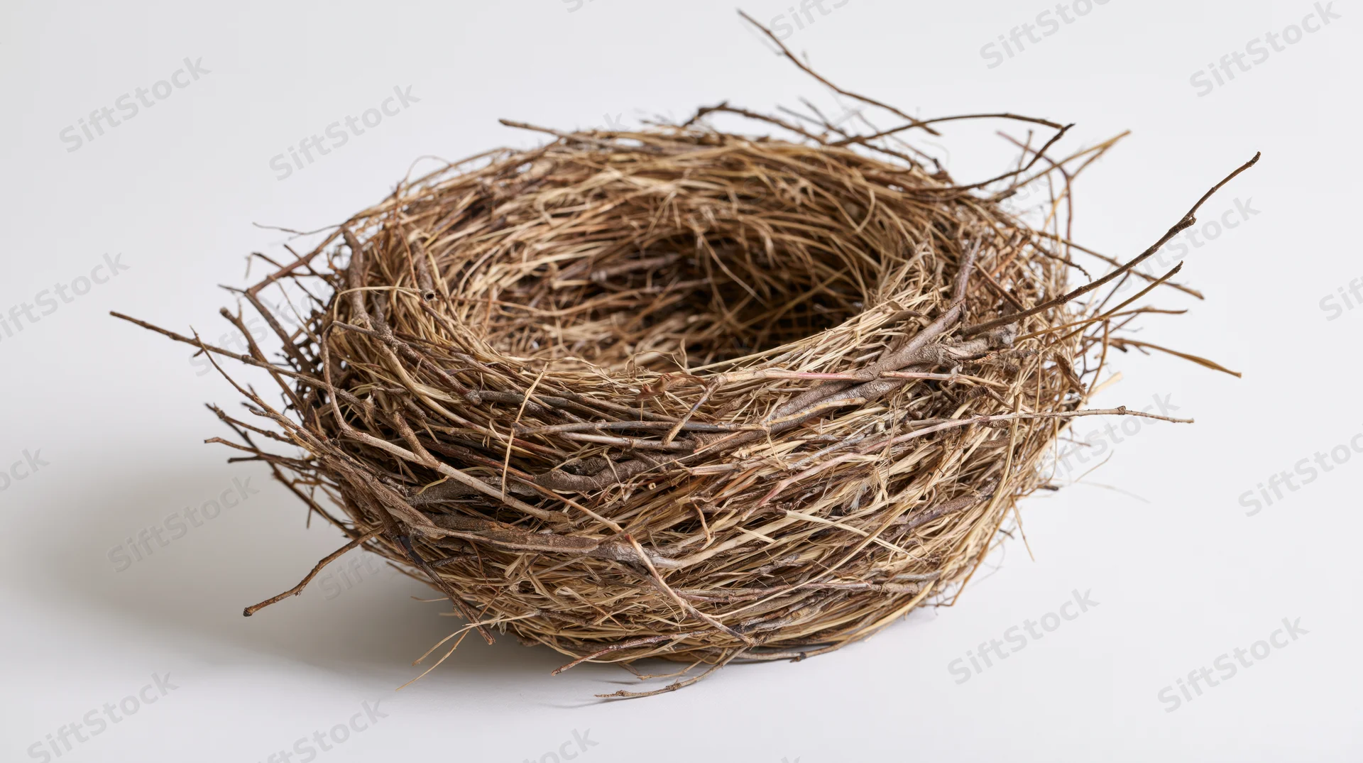 Empty bird nest made of interwoven twigs and dry grass on white background