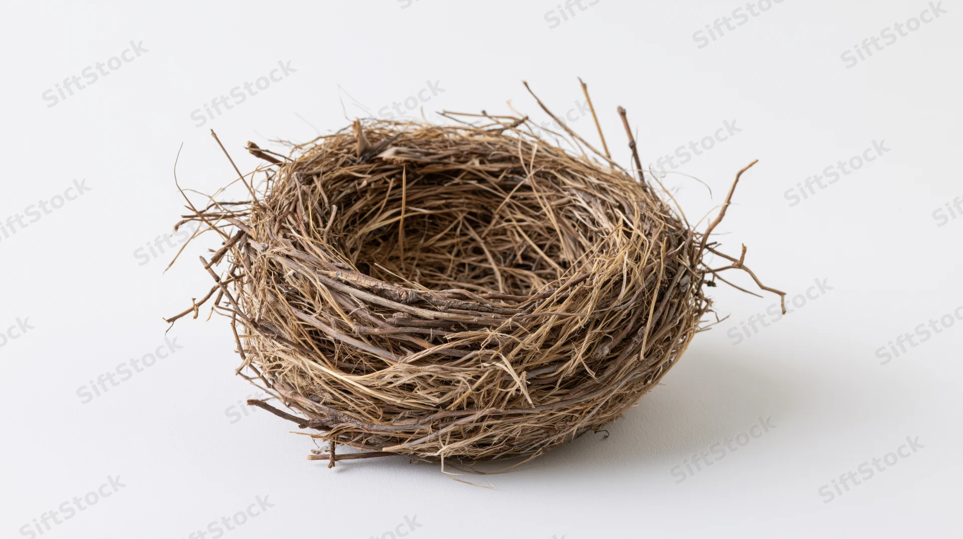 Empty bird nest made of interwoven twigs and dry grass on white background