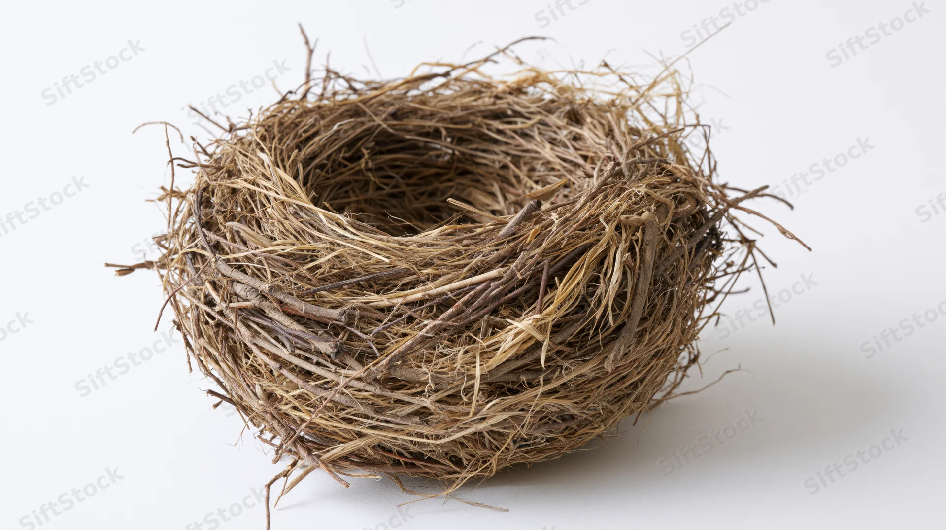 Empty bird nest made of interwoven twigs and dry grass on white background