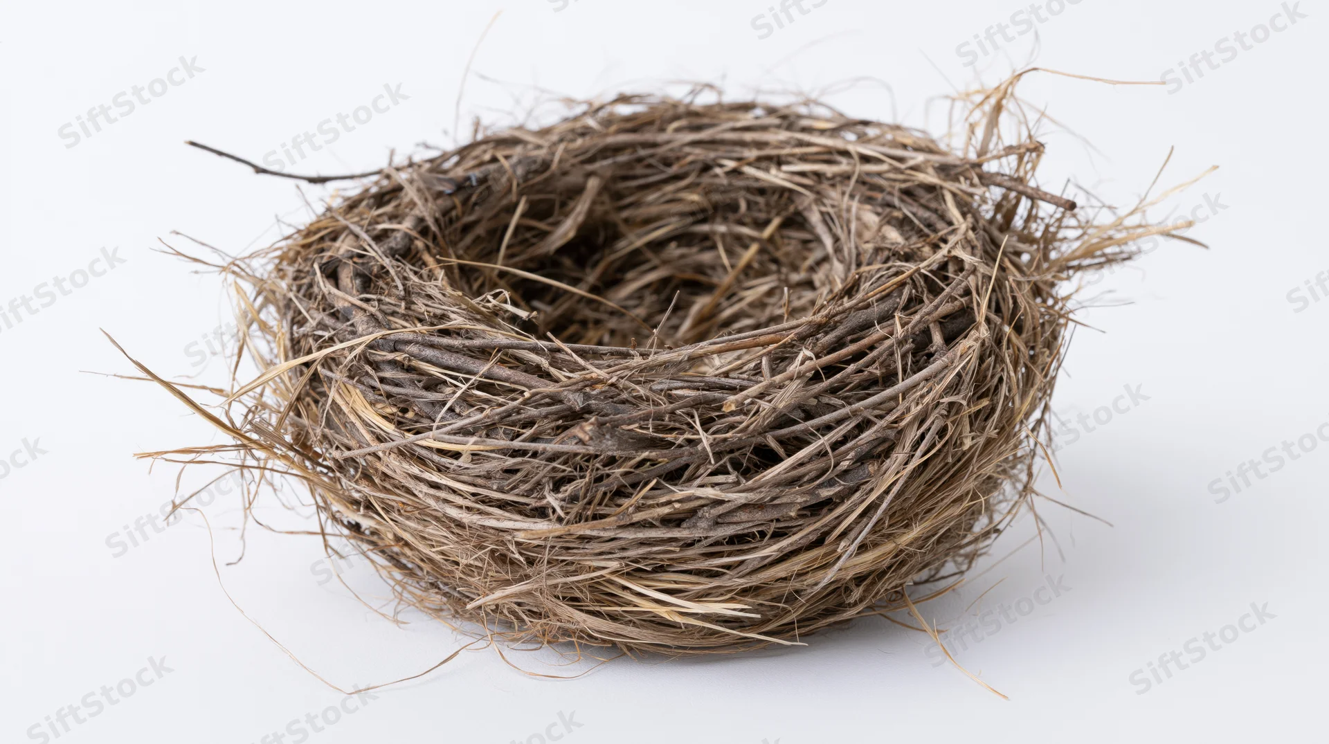 Empty bird nest made of interwoven twigs and dry grass on white background