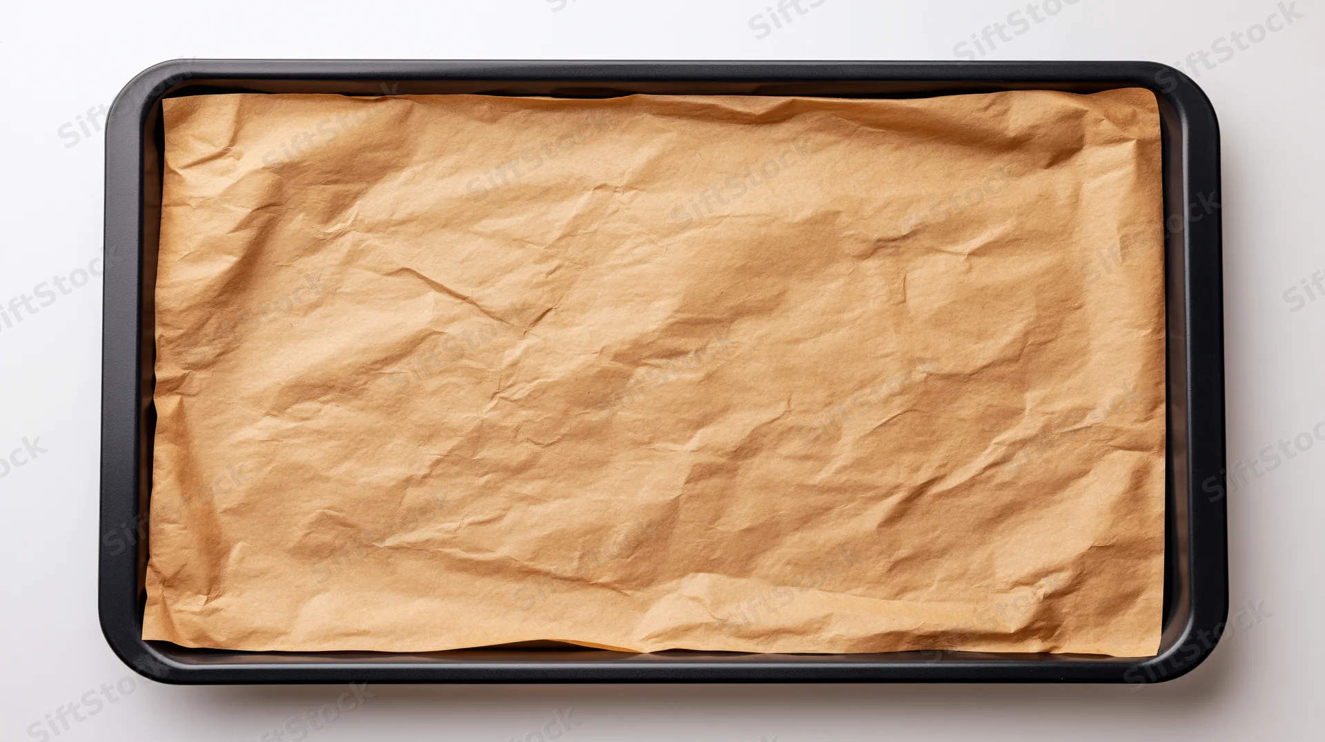 Black rectangular baking tray lined with crinkled parchment paper on white surface