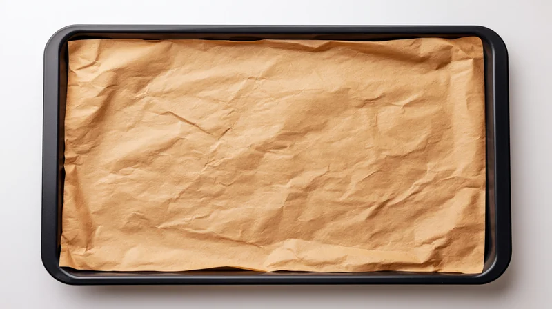 Black rectangular baking tray lined with crinkled parchment paper on white surface