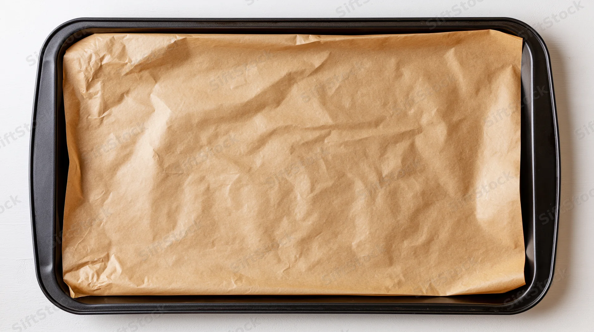 Black rectangular baking tray lined with crinkled parchment paper on white surface