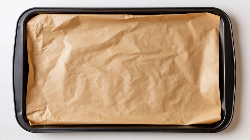 Black rectangular baking tray lined with crinkled parchment paper on white surface