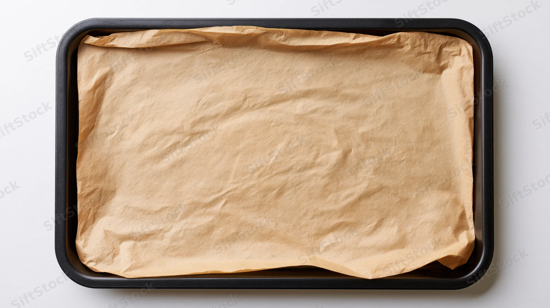 Rectangular black baking pan lined with crinkled parchment paper on white surface