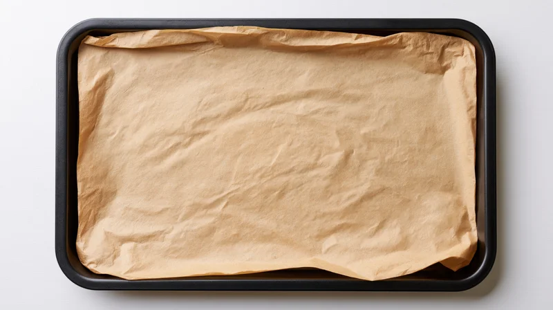 Rectangular black baking pan lined with crinkled parchment paper on white surface
