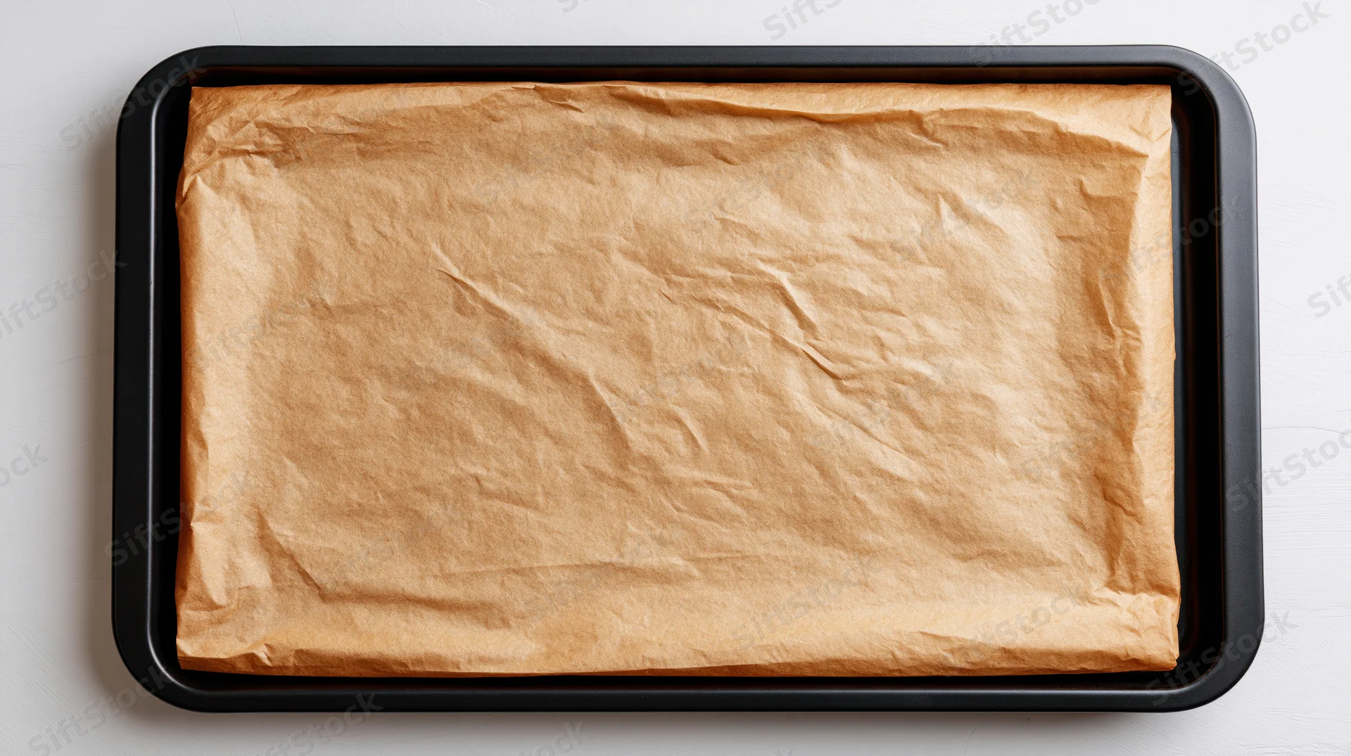 Black baking tray lined with crinkled parchment paper on white surface