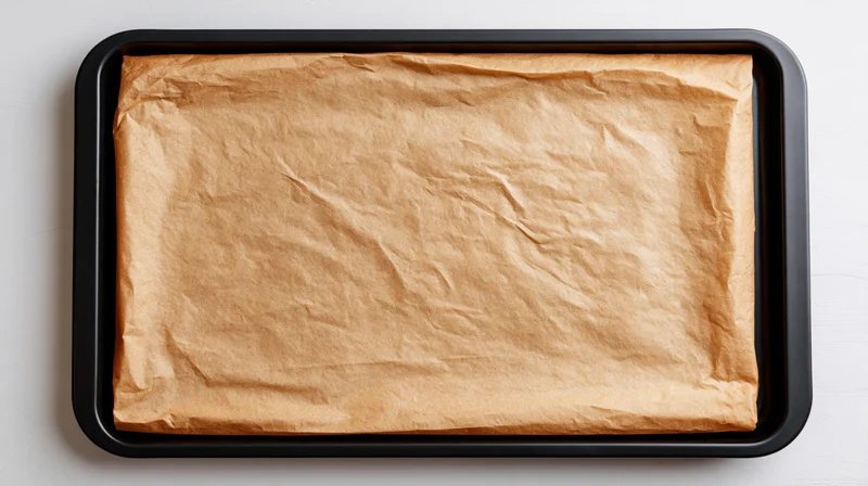 Black baking tray lined with crinkled parchment paper on white surface