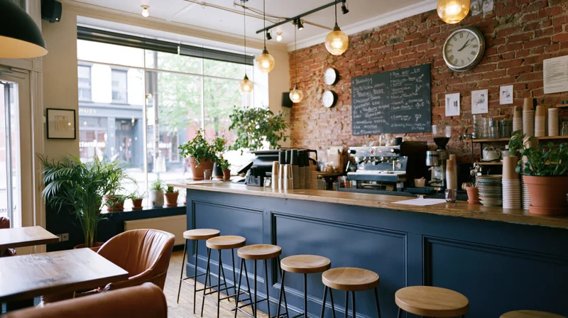Empty coffee shop interior with blue counter, wooden stools, brick wall, and large windows letting in natural light