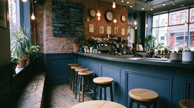 Empty coffee shop interior with blue counter, wooden stools, brick wall, and city view through windows