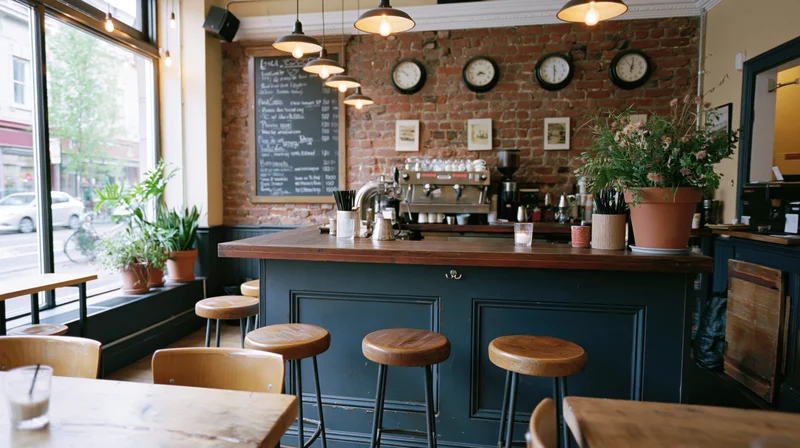 Empty coffee shop interior with wooden counter and stools by large windows overlooking street