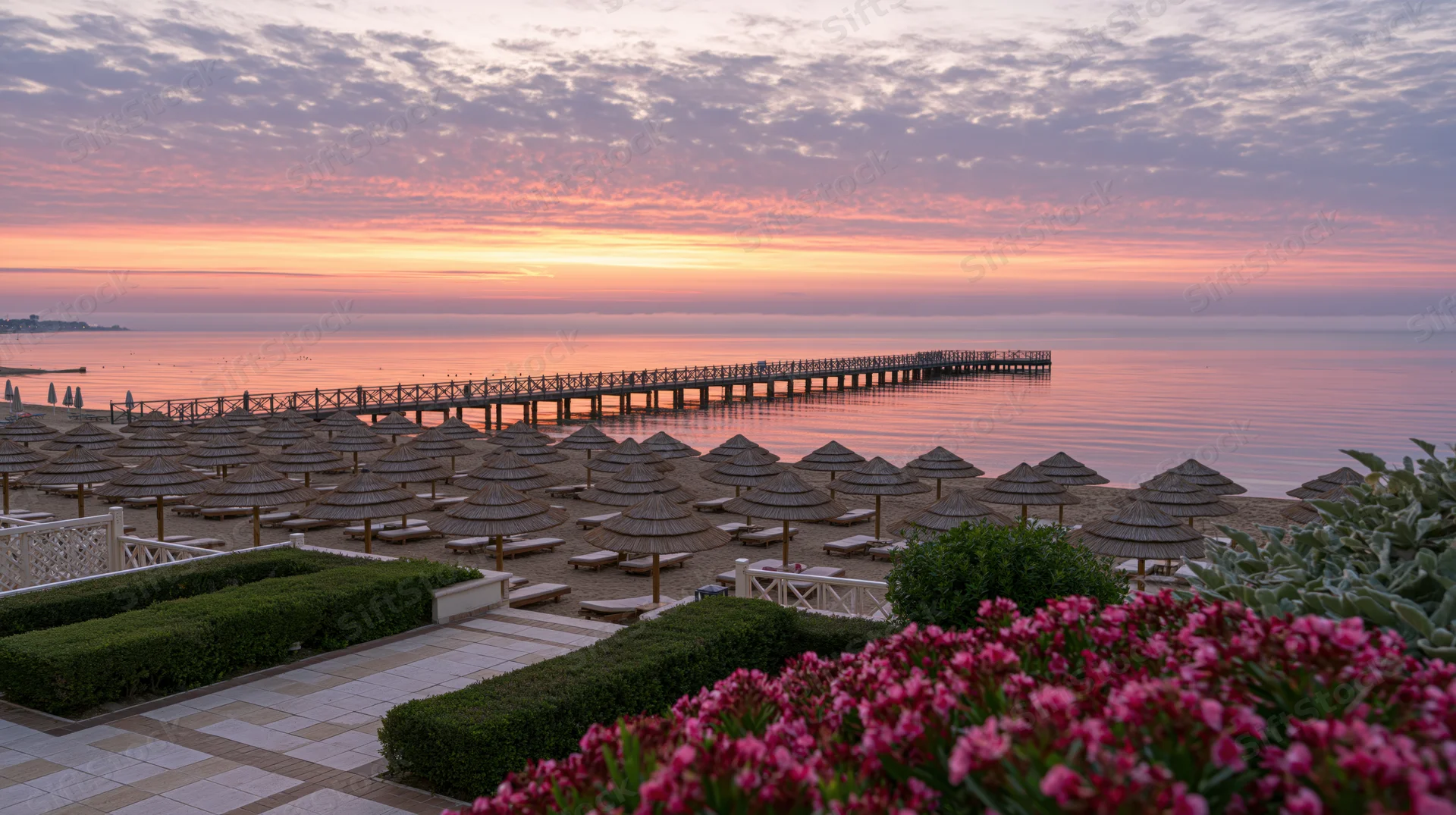Sunrise over empty resort beach with rows of thatched straw umbrellas and a long pier extending into calm ocean