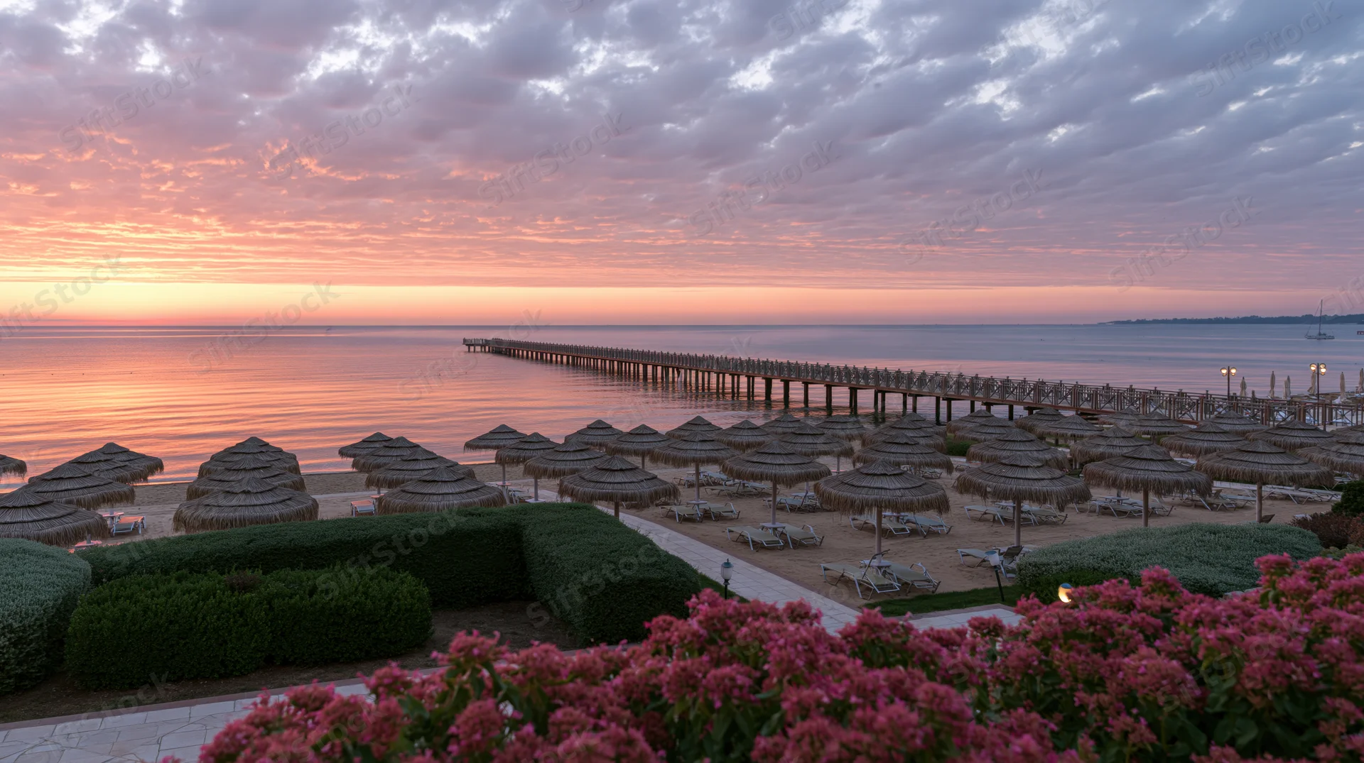 Empty resort beach at sunrise with rows of thatched straw umbrellas and a long wooden pier extending into calm ocean waters