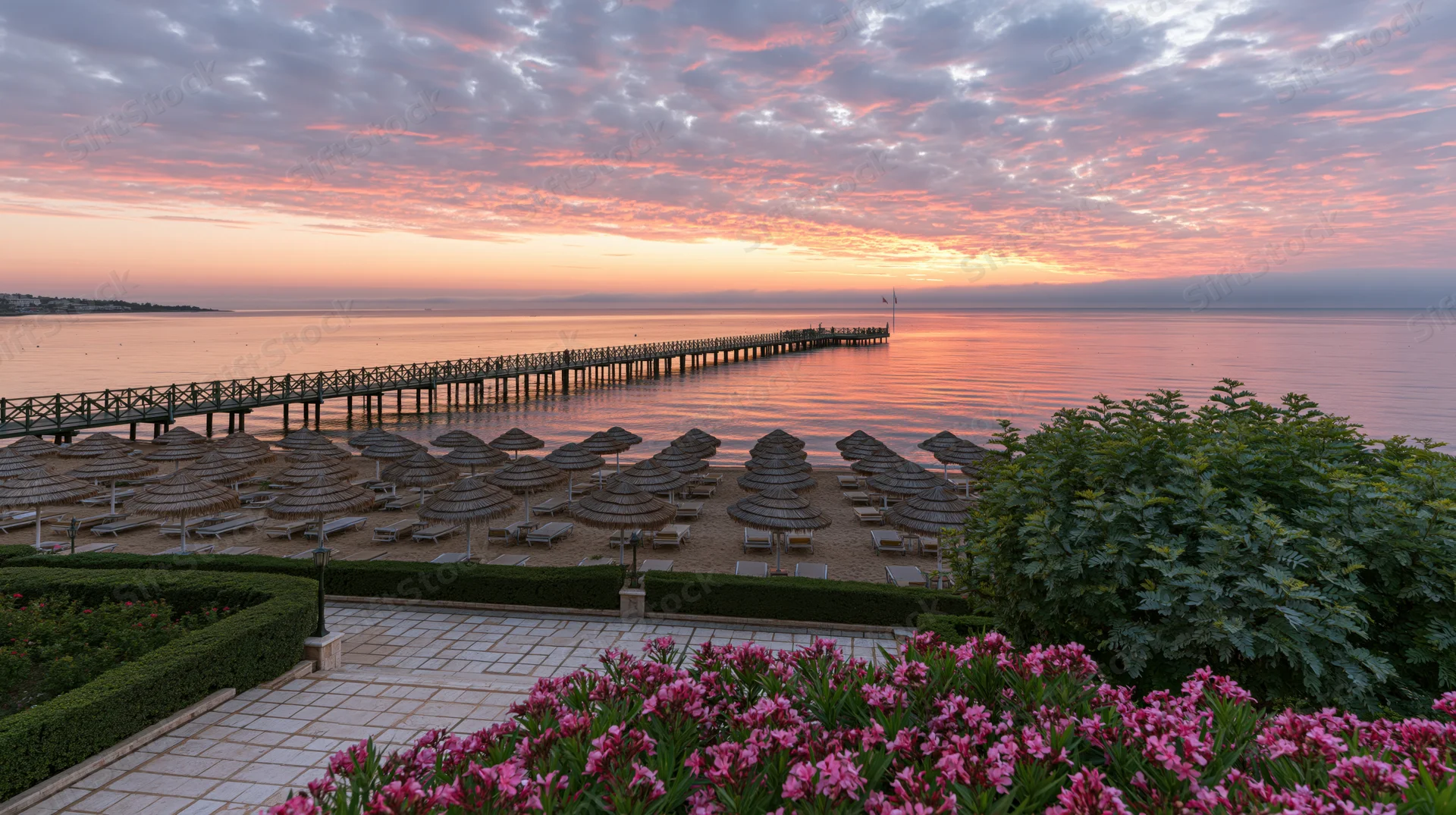 Sunrise over empty resort beach with thatched umbrellas and long pier extending into calm ocean