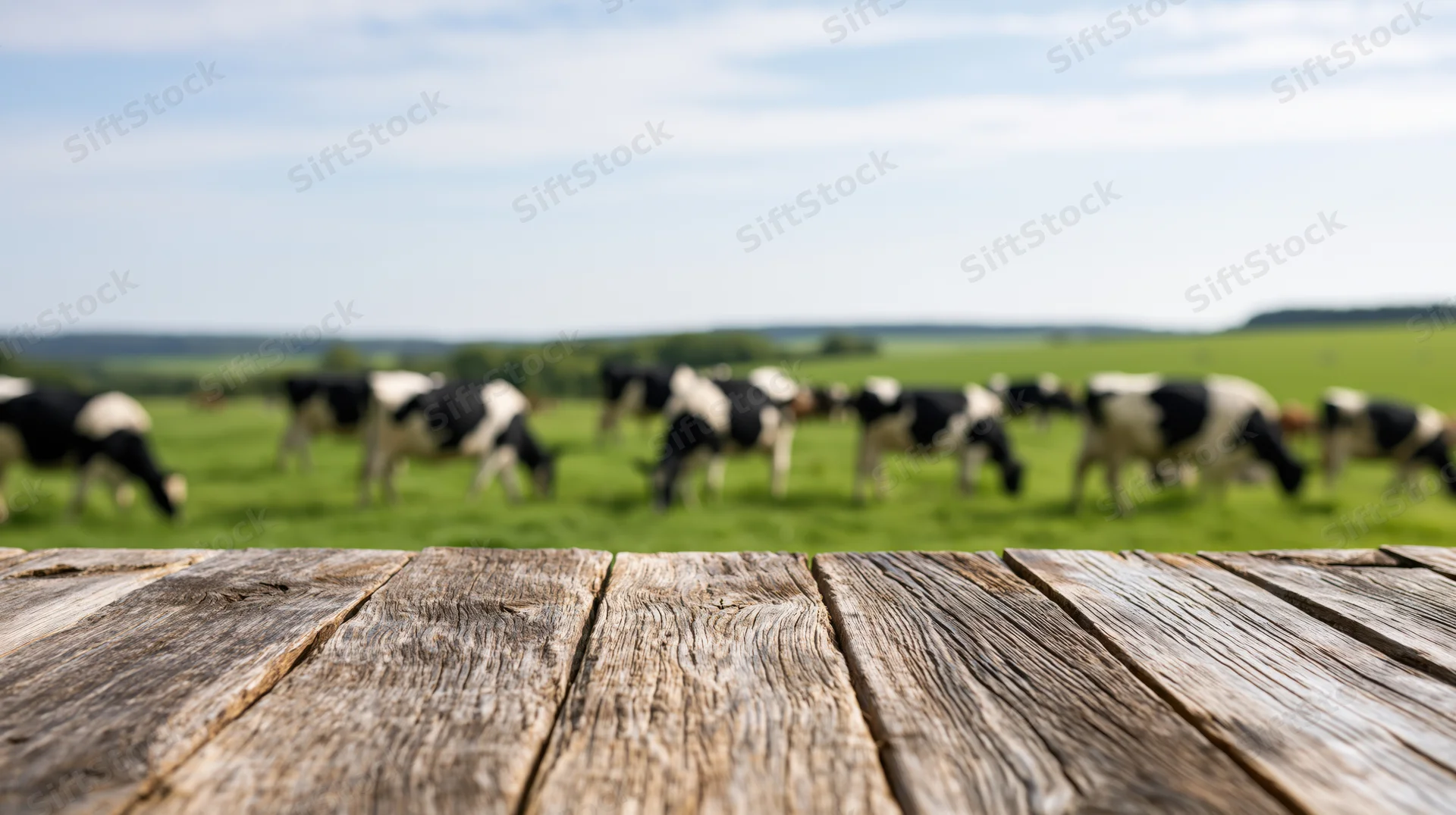 Rustic wooden table in foreground with cows grazing in blurred pasture beyond