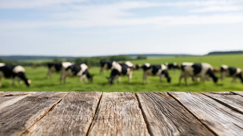 Empty rustic wooden tabletop with cows grazing in a green field