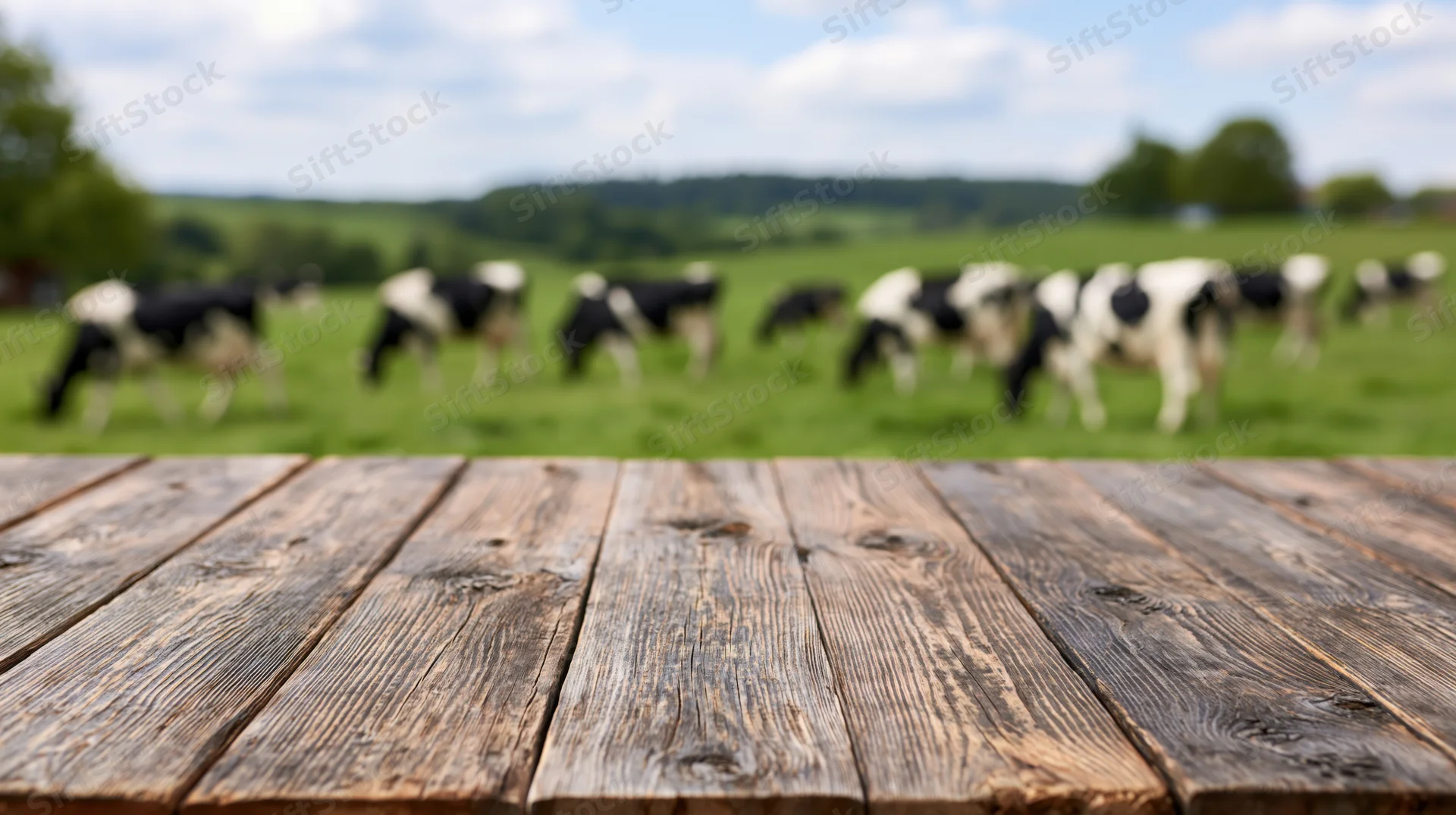 Rustic wooden table in sharp focus with grazing cows in blurred pasture beyond