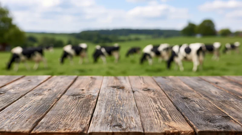 Rustic wooden table in sharp focus with grazing cows in blurred pasture beyond