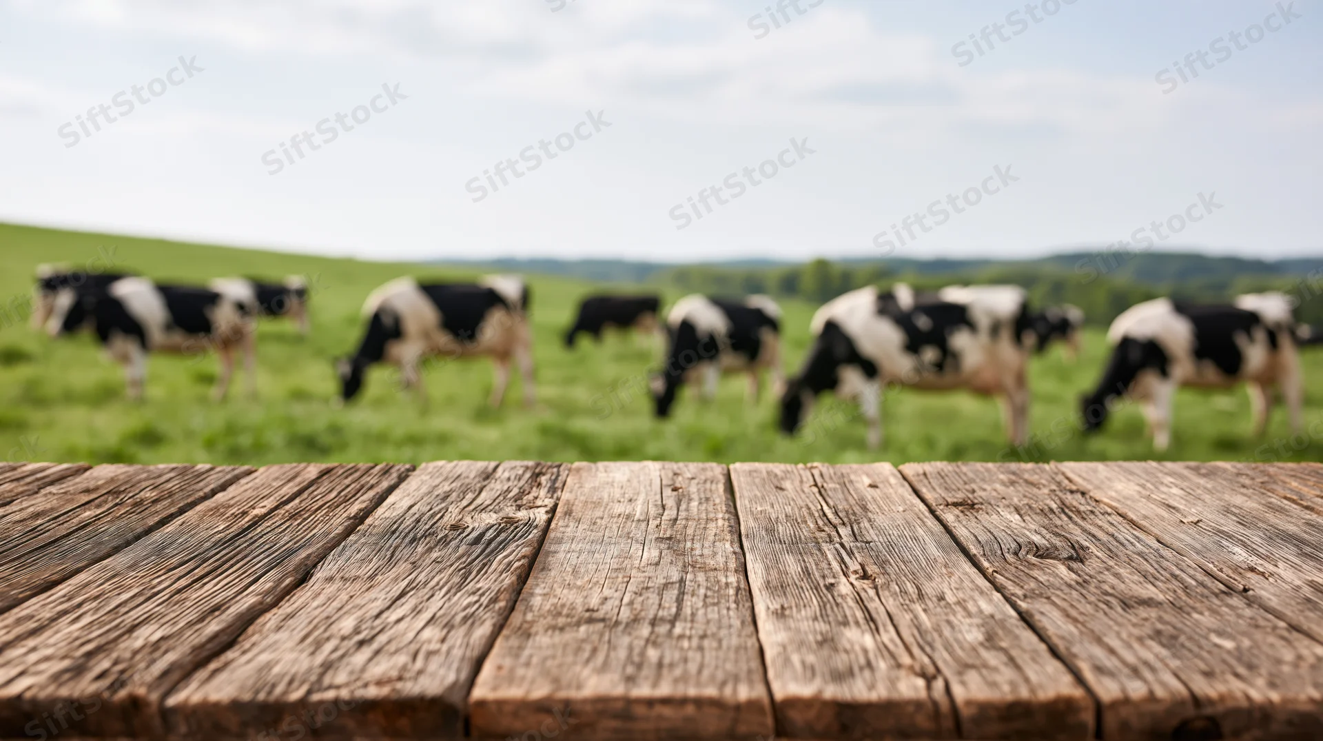 Rustic wooden table in sharp focus with grazing cows in soft-focus pasture beyond