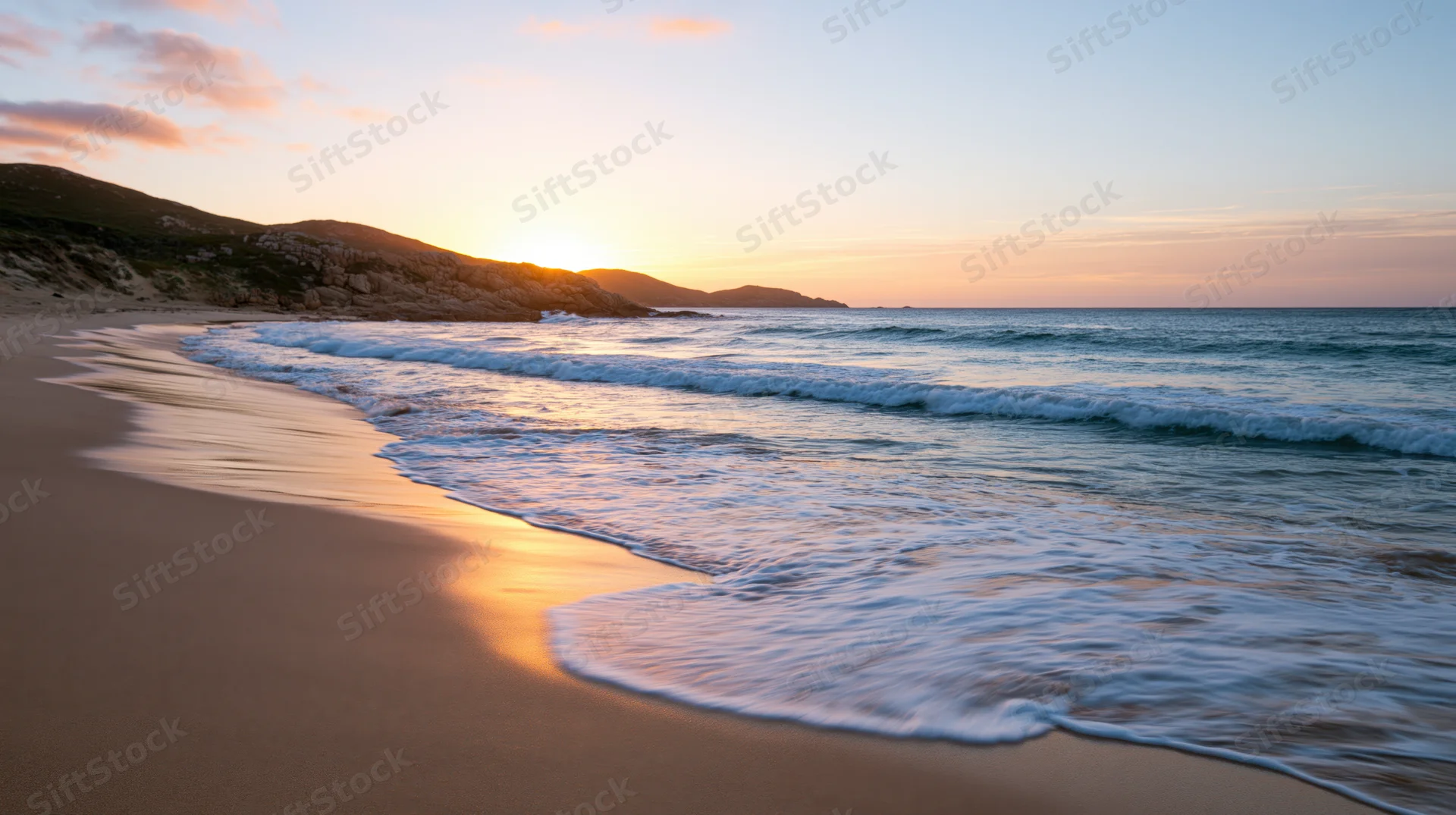 Gentle waves washing over sandy beach at sunset with cliffs and horizon in view