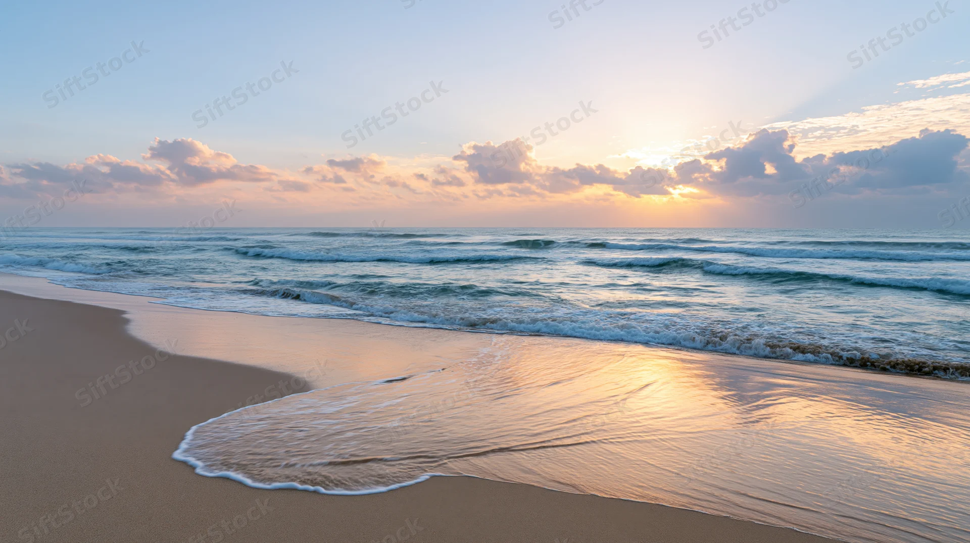 Gentle waves washing onto sandy beach at sunrise with soft light reflecting on wet sand and clouds in sky
