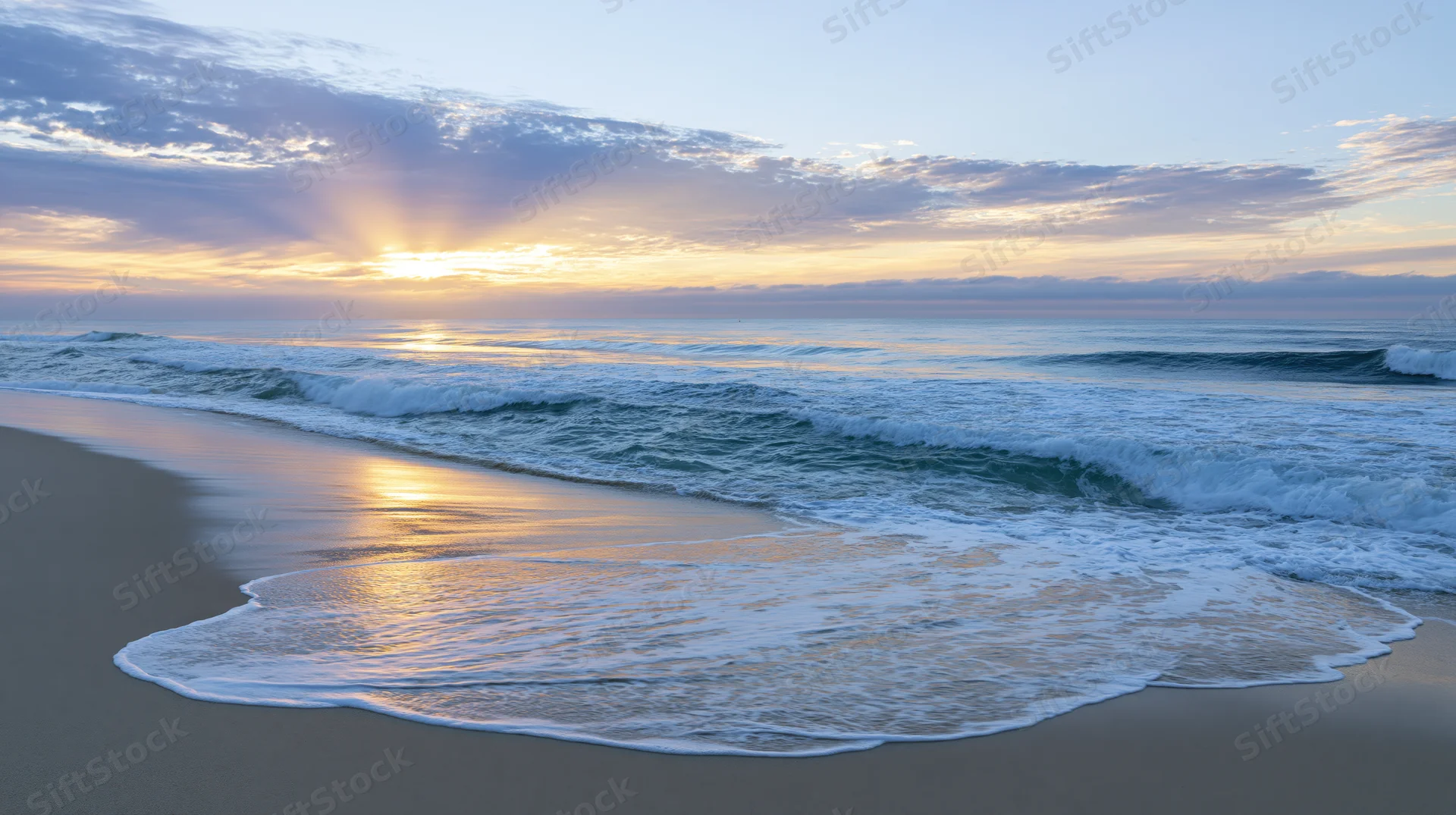 Gentle waves washing onto sandy beach at sunrise with golden light reflecting on wet sand and sky
