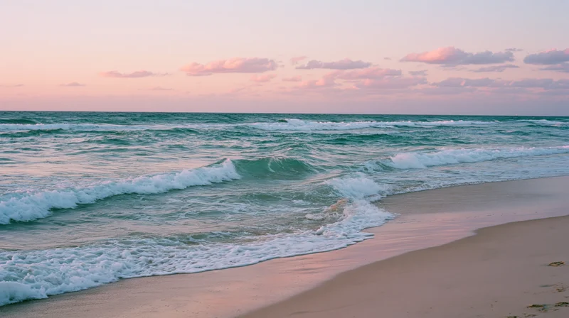 Gentle waves rolling onto a sandy beach at sunset