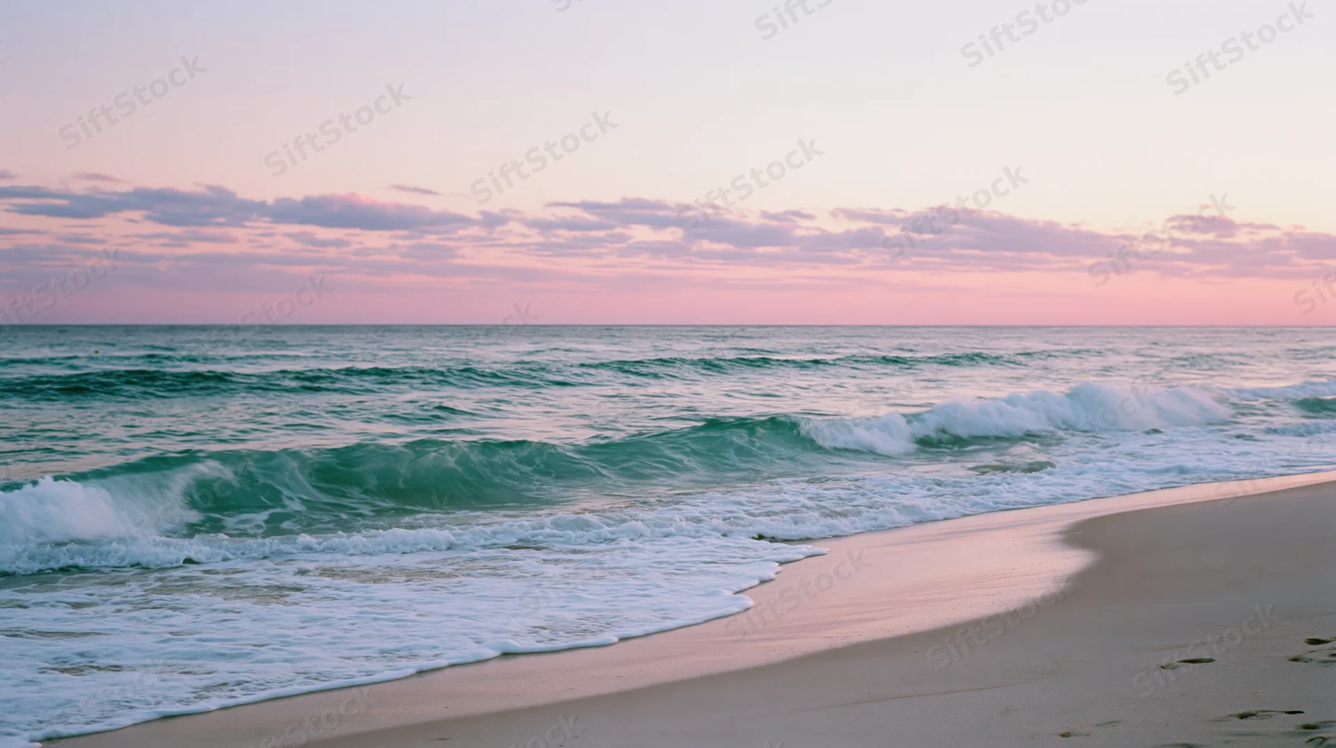 Gentle waves rolling onto a sandy beach at sunset